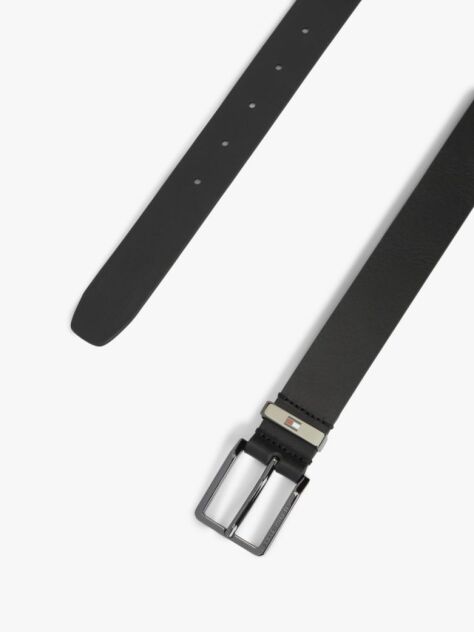 Black Debossed Logo Square Buckle Leather Belt  Men