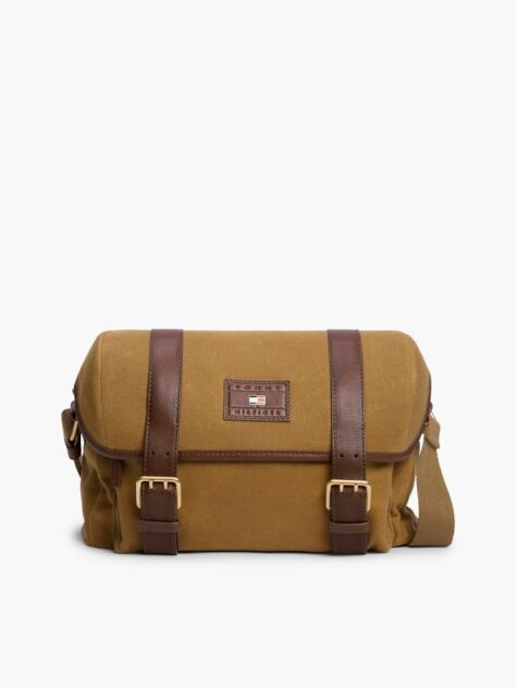 Brown Textile Buckle Flap Crossbody Messenger Bag  Men
