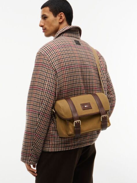Brown Textile Buckle Flap Crossbody Messenger Bag  Men