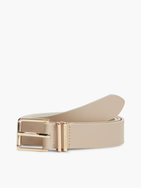 Beige Square Buckle Logo Keeper Leather Belt  Women