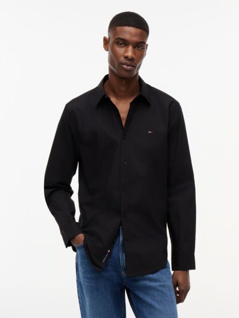 Black Regular Fit Flag Embroidery Poplin Shirt  Men