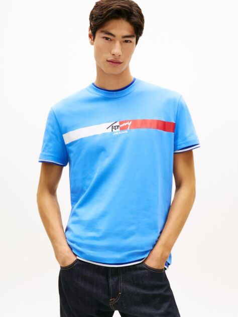 Μπλε Βαμβακερό T-Shirt Με Signature Λογότυπο  Άνδρες