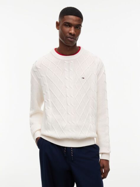 White Tommy Flag Cable Knit Jumper  Men