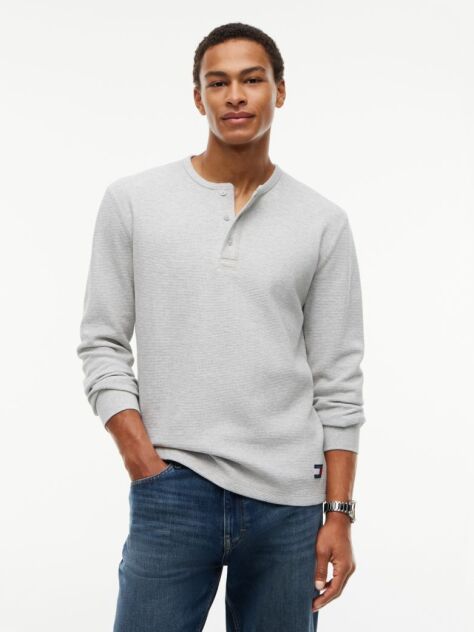 Grey Washed Waffle Knit Henley Long Sleeve T-Shirt  Men