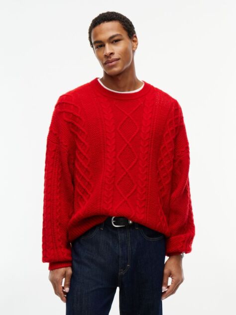 Red Pure Wool Cable Knit Relaxed Jumper  Men