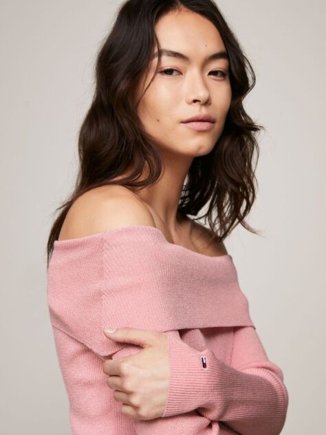 Pink Off-The-Shoulder Ribbed Jumper  Women