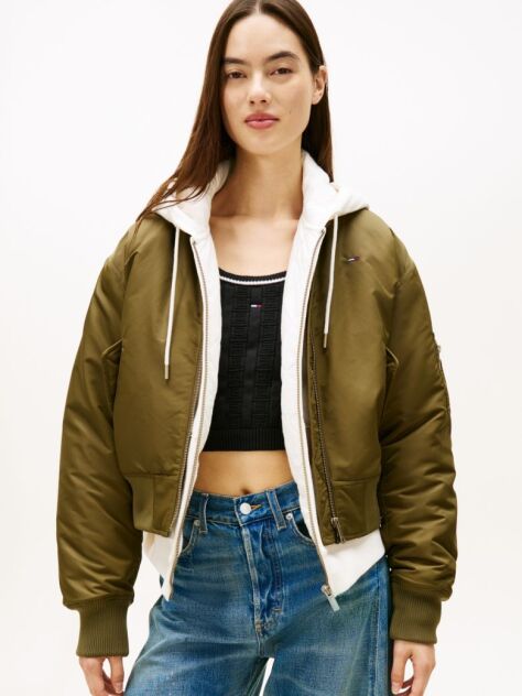 Green Sleeve Pocket Twill Bomber Jacket  Women