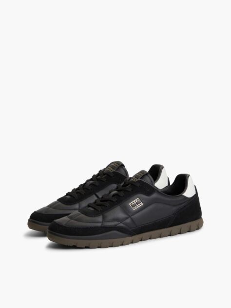 Black Leather Mixed Texture Low Profile Sneakers  Men