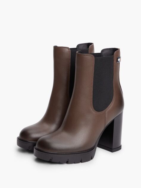 Brown Leather High Block Heel Chelsea Boots  Women