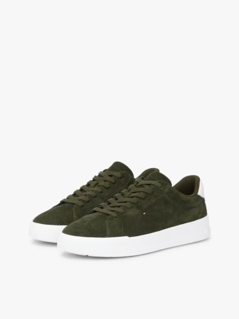 Green Debossed Logo Suede Court Trainers  Men
