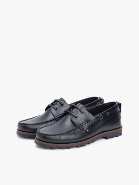 Black Leather Cleat Lightweight Boat Shoes  Men