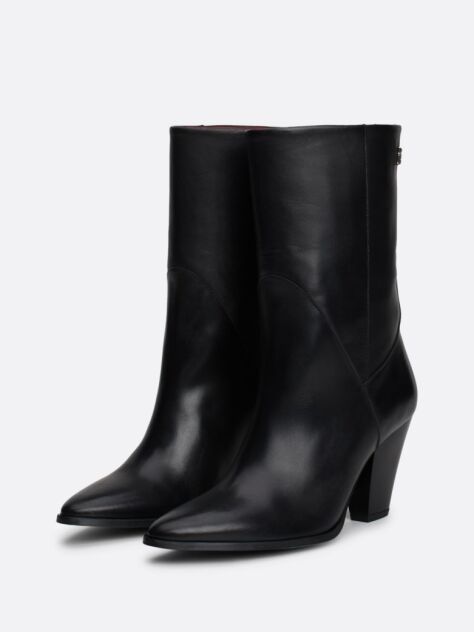 Black Leather Cuban Heel Mid Boots  Women