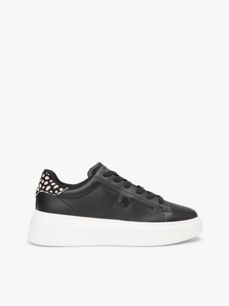 Μαύρο Δερμάτινα Sneakers Με Πλατφόρμα Και Λεοπάρ Λεπτομέρεια  Γυναίκες