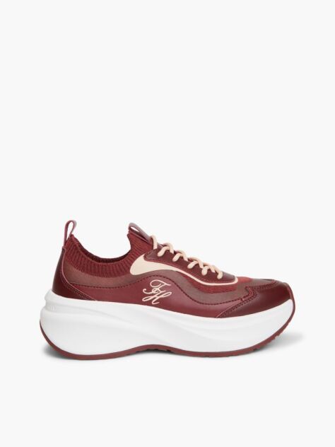 Red Knit Mixed Texture Sneakers  Women