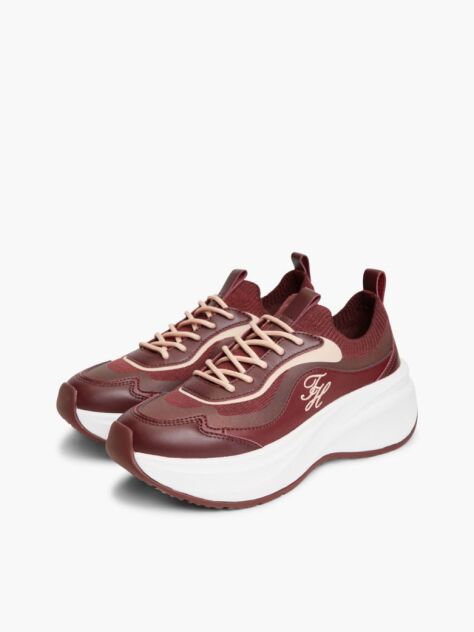 Red Knit Mixed Texture Sneakers  Women