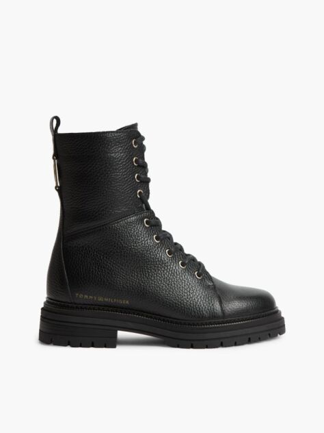 Black Pebble Grain Leather Cleat Lace-Up Boots  Women