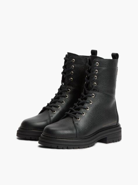 Black Pebble Grain Leather Cleat Lace-Up Boots  Women