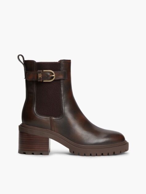 Brown Leather Buckle Block Heel Chelsea Boots  Women