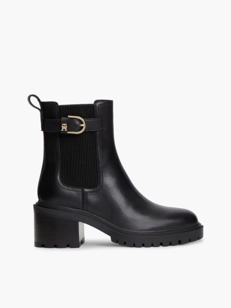 Black Leather Buckle Block Heel Chelsea Boots  Women