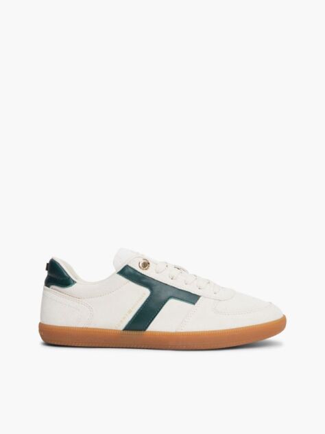 Beige Suede Mixed Texture Enamel Flag Sneakers  Women