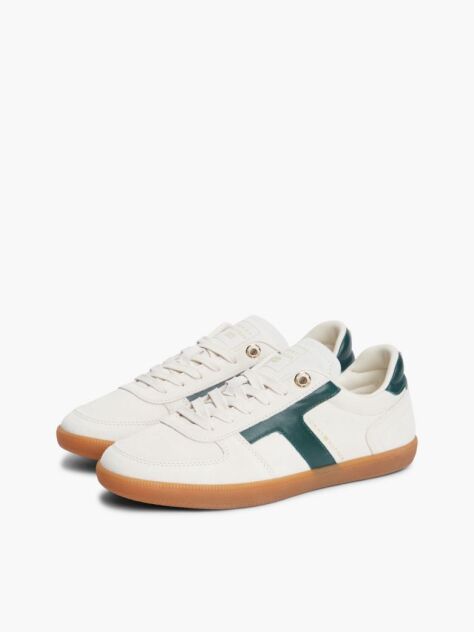 Beige Suede Mixed Texture Enamel Flag Sneakers  Women