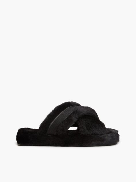 Black Faux Fur Crossover Strap Slippers  Women