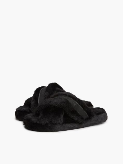 Black Faux Fur Crossover Strap Slippers  Women