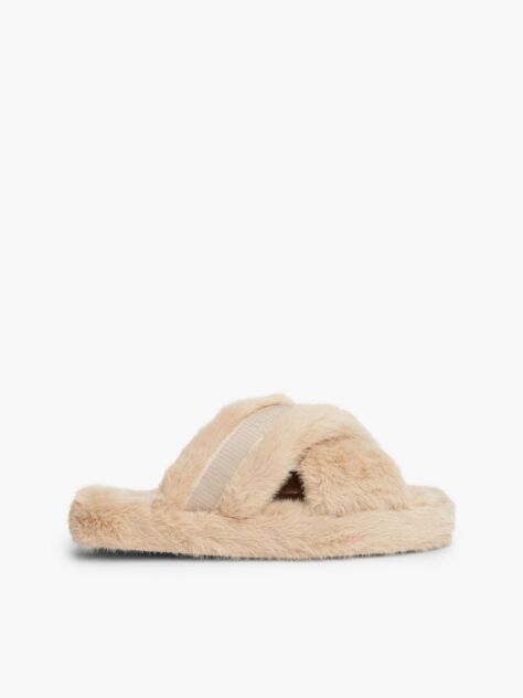 Pink Faux Fur Crossover Strap Slippers  Women
