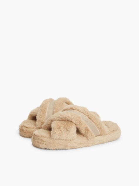 Pink Faux Fur Crossover Strap Slippers  Women