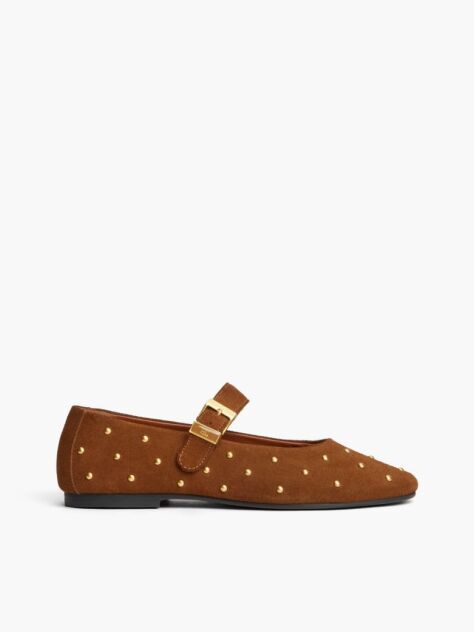 Brown Suede Stud Buckle Mary Jane Ballerinas  Women