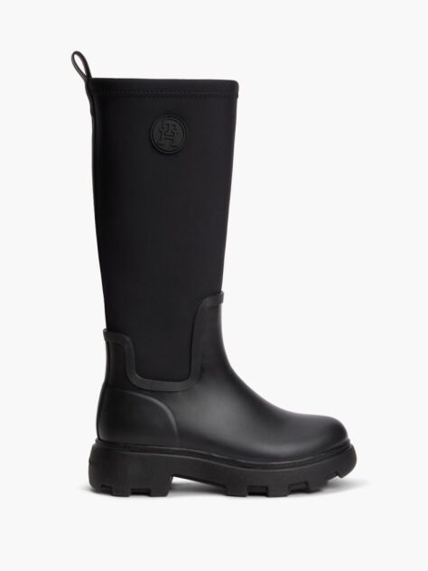 Black TH Monogram Knee-High Cleat Rain Boots  Women