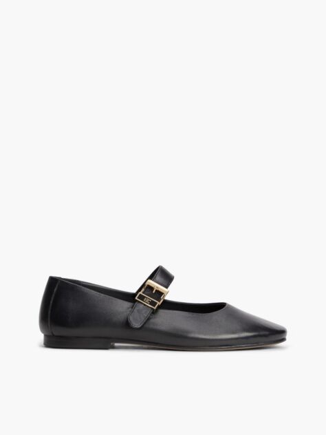 Black Leather Buckle Mary Jane Ballerinas  Women