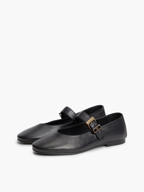 Black Leather Buckle Mary Jane Ballerinas  Women