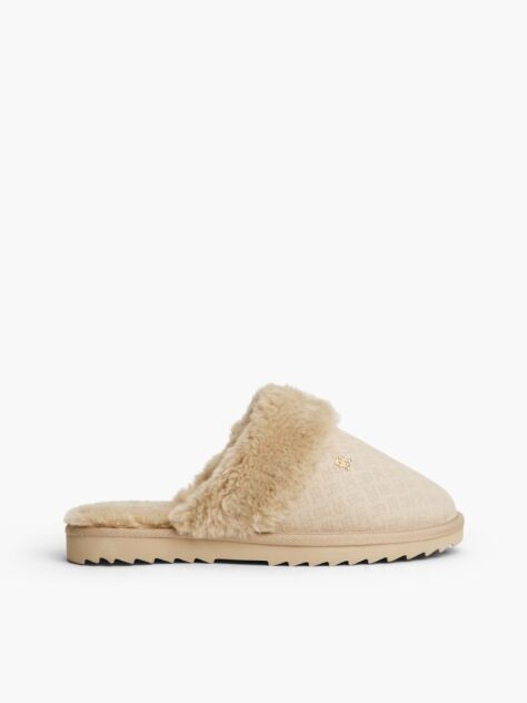 Beige Leather Faux Fur Serrated Slippers  Women