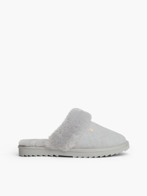 Grey Leather Faux Fur Serrated Slippers  Women