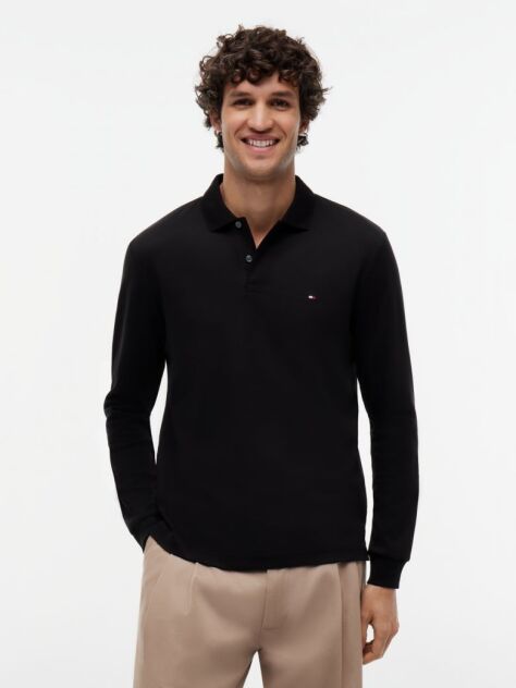 Black Fluid Cotton Long Sleeve Polo Shirt  Men