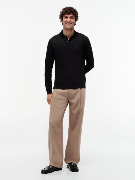 Black Fluid Cotton Long Sleeve Polo Shirt  Men