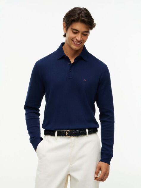 Blue Regular Waffle Long Sleeve Polo Shirt  Men