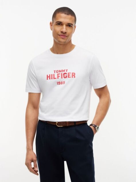 Άσπρο Βαμβακερό T-Shirt Με Κλασική Λαιμόκοψη Και Λογότυπο Σε Αντίθεση  Άνδρες