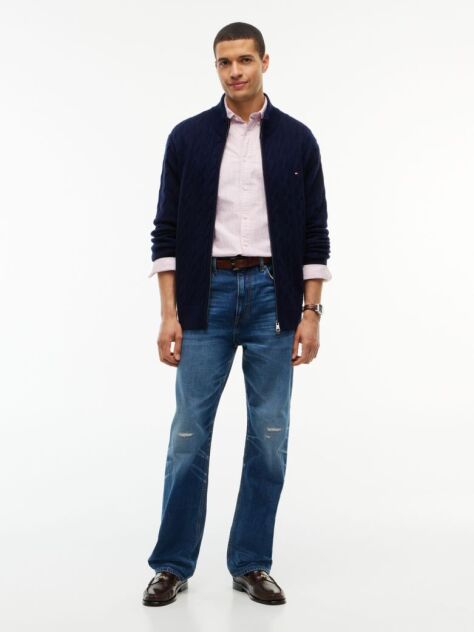 Blue Lambswool Zip-Thru Cable Knit Jumper  Men