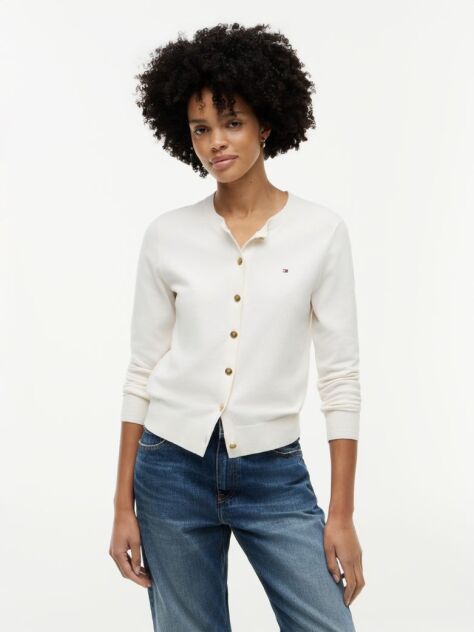 White Jersey Crew Neck Cardigan  Women