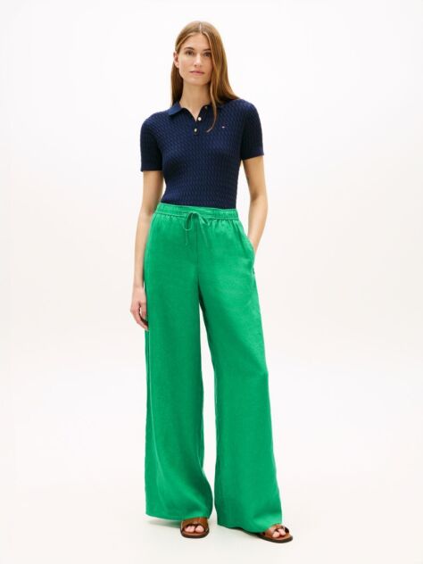 Green Relaxed Wide Leg Pure Linen Trousers  Women