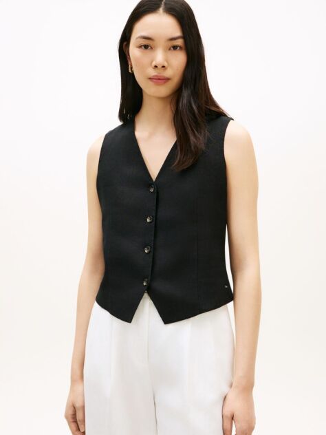 Black Linen Blend Poplin Waistcoat  Women