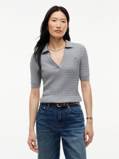 Grey Cable Knit Short Sleeve Polo Jumper  Women