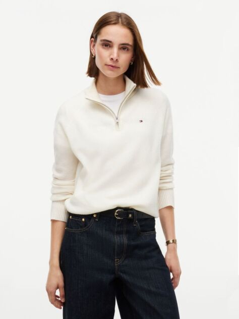 Beige Pure Wool Relaxed Quarter-Zip Jumper  Women