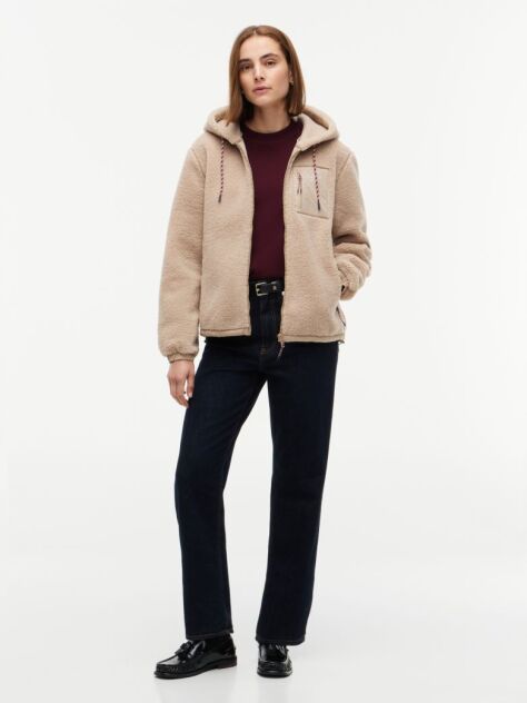Beige Teddy Fleece Zip-Thru Relaxed Hooded Jacket  Women