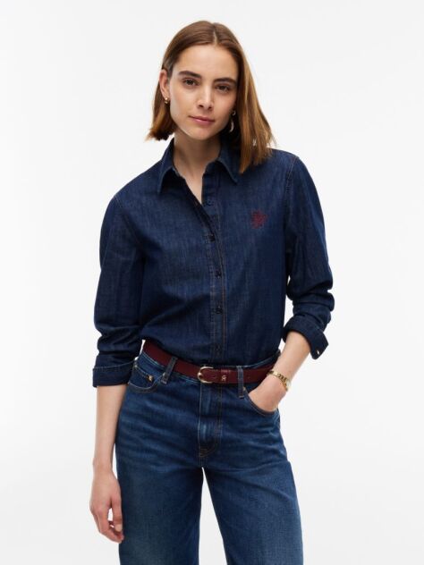 Blue Relaxed Fit Logo Embroidery Denim Shirt  Women
