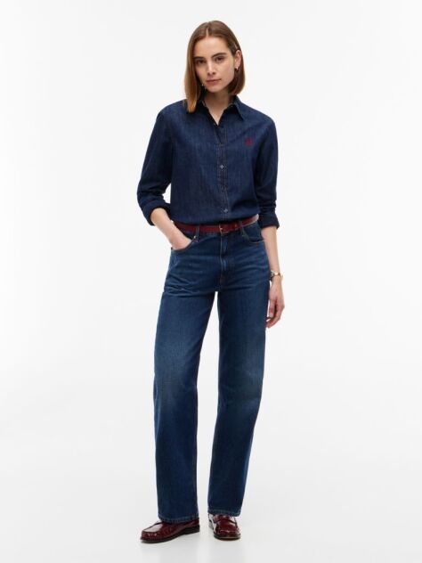 Blue Relaxed Fit Logo Embroidery Denim Shirt  Women