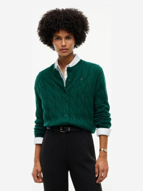 Green Pure Wool Cable Knit Slim Cardigan  Women