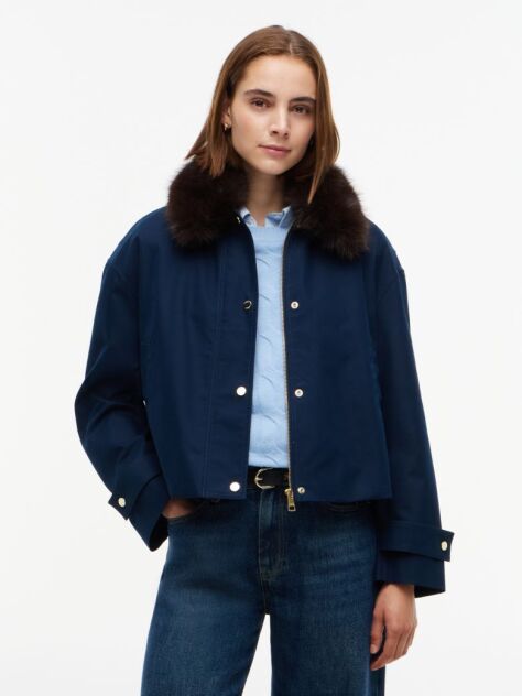 Blue Faux Fur Collar Oversized Bomber Jacket  Women